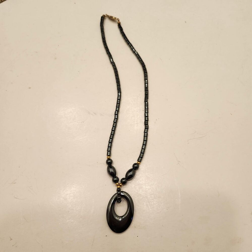 Hematite Beaded Necklace with Oval Pendant Fashion Jewelry Dark Gray Gold Tone
